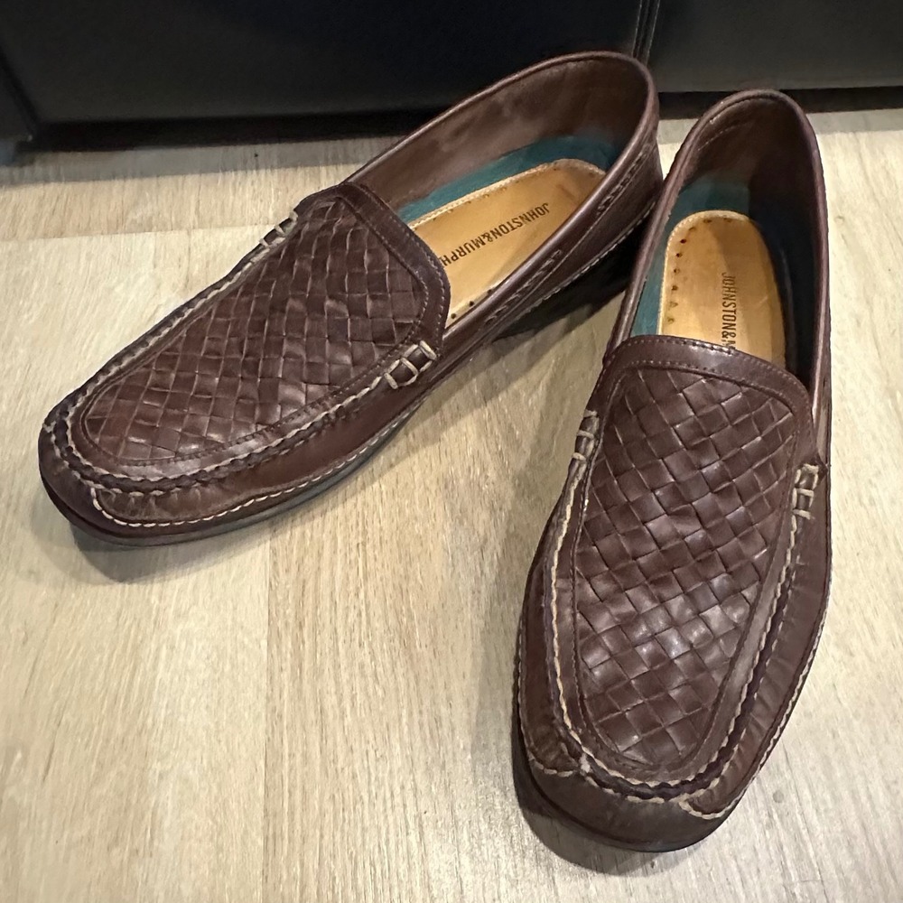 Johnston & Murphy Mens Woven Leather Loafers Brown Driving Mocs Size 10.5 Preppy